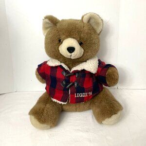 1994 Vintage LEGGIE Teddy Bear Plush Brown Red & Black Buffalo Plaid Jacket